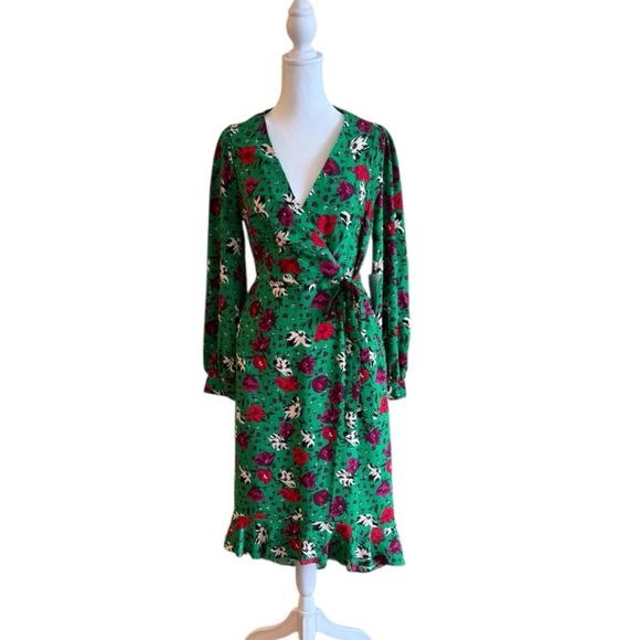 Melloday Green Floral Wrap Midi Dress Small – Long Sleeve Ruffle Hem V-Neck - Picture 1 of 10